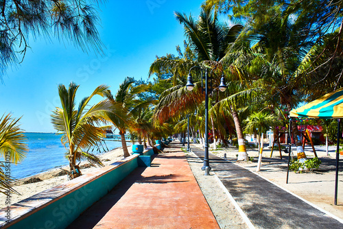 touristic pier with palm trees and beautiful beach, paradise place in aguada island campeche 