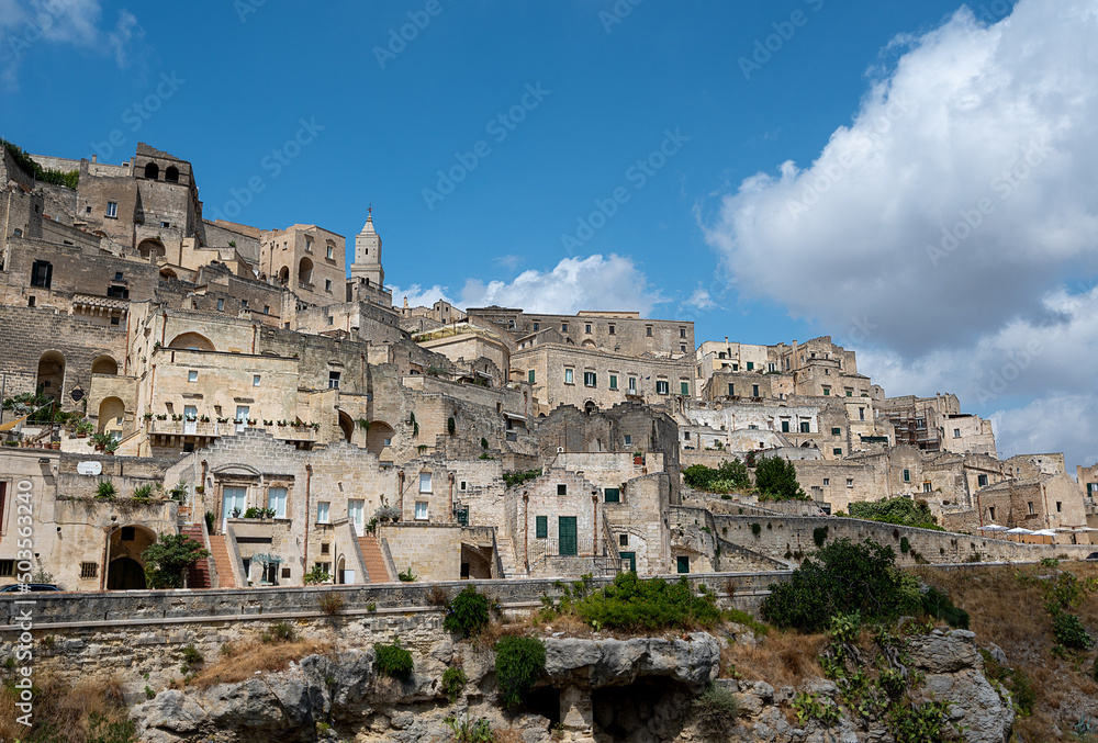 Matera, Basilicata, Italy. August 2021. Amazing view of the urban landscape of the historic center called sassi di matera.