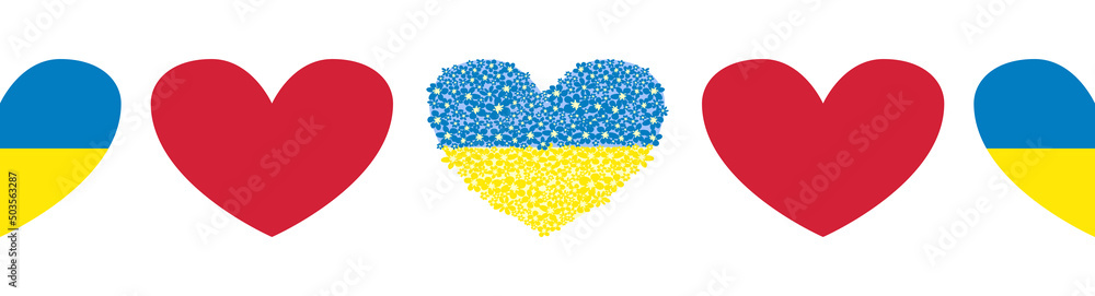 Ukraine seamless banner with hearts in blue and yellow flag colors and a heart made of flowers. Flowers are better Ukraine seamless banner with hearts in blue and yellow flag colors and a heart made of flowers. Flowers are better