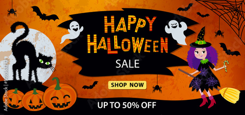 Happy Halloween sale banner. party invitation background. Vector image