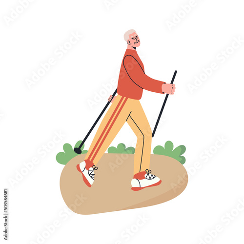 Happy senior doing nordic walking with stikcs in park. Elderly men lead active lifestyle. flat vector modern illustration in trendy colors