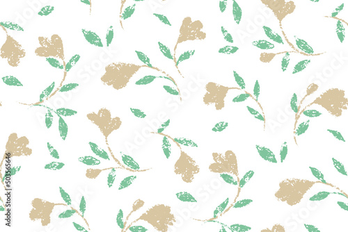 Delicate floral print with rustic textured plants. Seamless pattern  romantic botanical background with small flowers  leaves on a white field. Vector illustration.