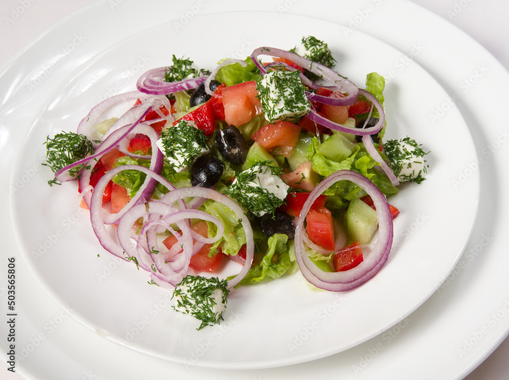 Vegetable salad with tomatoes, lettuce, cucumber, sliced onion rings and cheese in a white plate on a light background.