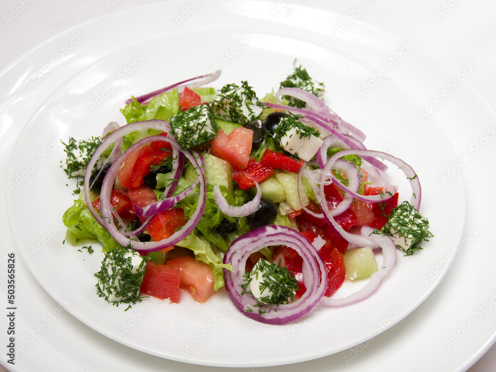 Vegetable salad with tomatoes, lettuce, cucumber, sliced onion rings and cheese in a white plate on a light background.