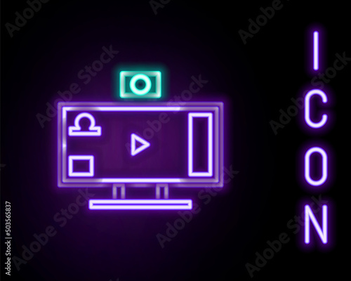 Glowing neon line Live streaming online videogame play icon isolated on black background. Colorful outline concept. Vector