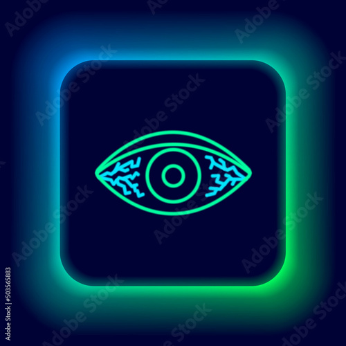 Glowing neon line Reddish eye due to viral, bacterial or allergic conjunctivitis icon isolated on black background. Colorful outline concept. Vector