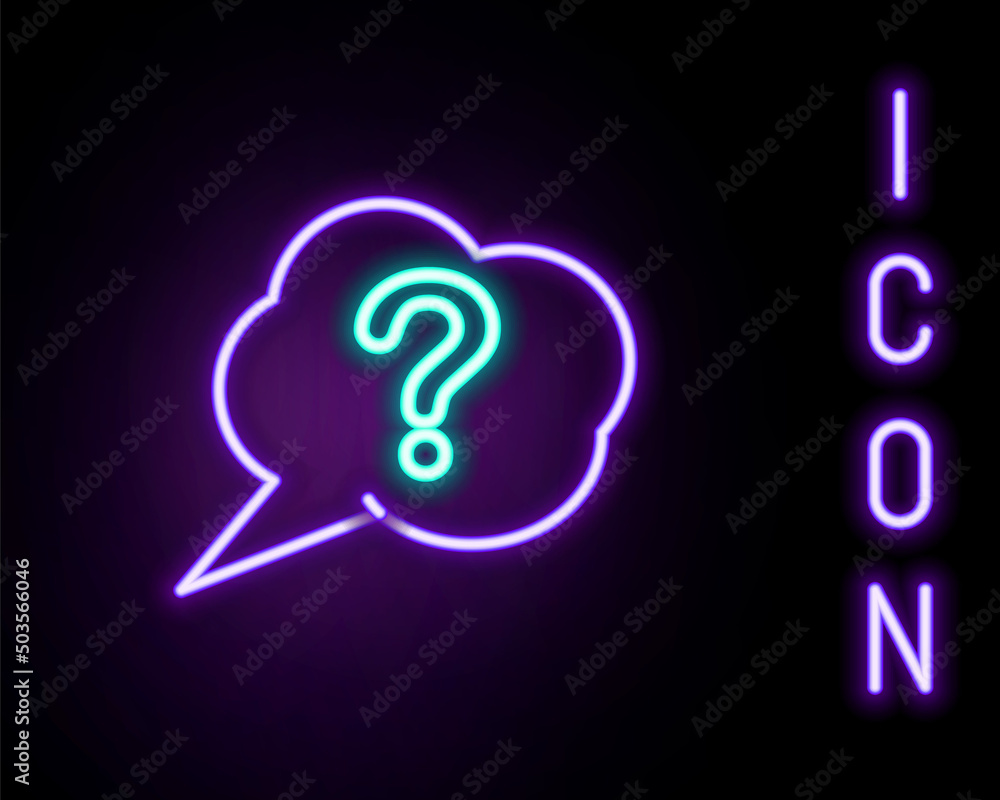 Glowing neon line Speech bubble and Question icon isolated on black background. FAQ sign. Copy files, chat speech bubble and chart. Colorful outline concept. Vector