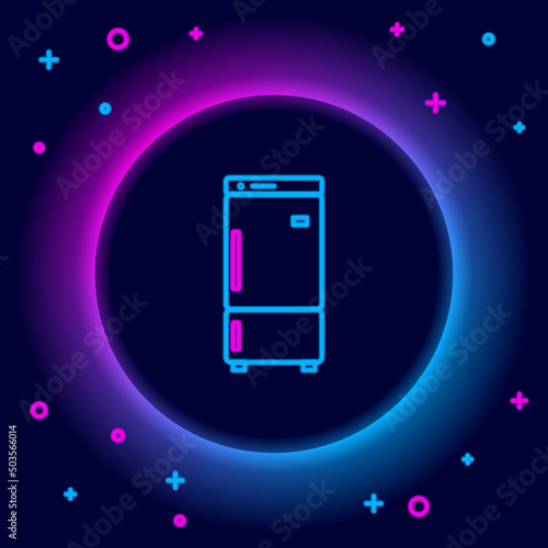 Glowing neon line Refrigerator icon isolated on black background. Fridge freezer refrigerator. Household tech and appliances. Colorful outline concept. Vector