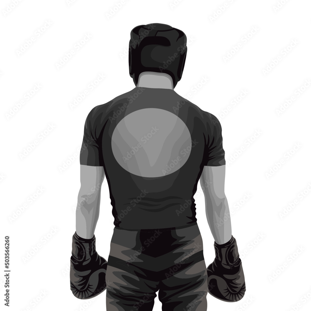 MMA fighter back view black and white realistic vector illustration. Fighter in a helmet with boxing gloves. Martial Arts isolated drawing. MMA fighter back view black and white realistic vector illustration. Fighter in a helmet with boxing gloves. Martial Arts isolated drawing.