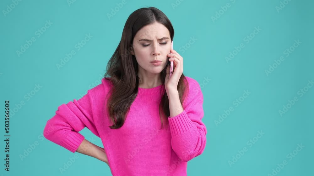 Lady answer device call misunderstanding isolated cyan color background