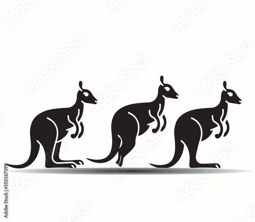 This image shows a kangaroo silhouette logo. Kangaroo isolated on a white background