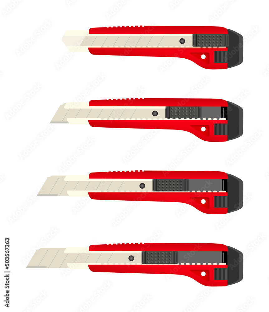 Cutter knife for paper and box. Blade utility and stationery icons for office. Stationary cur razors set. Vector. Craft knifes. Symbols of Sharp retractable cutter knife tools Cutter knife for paper and box. Blade utility and stationery icons for office. Stationary cur razors set. Vector. Craft knifes. Symbols of Sharp retractable cutter knife tools
