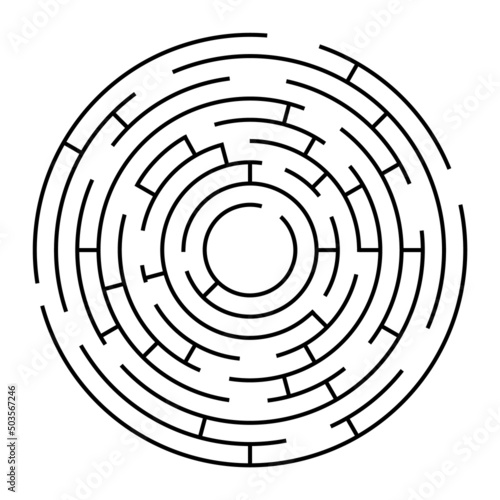 Circle maze, labyrinth, round puzzles games. Circular black game and icon of maze, labyrinth in line on background for kids solution. Vector. Logos of abstract simple riddle patterns illustration.