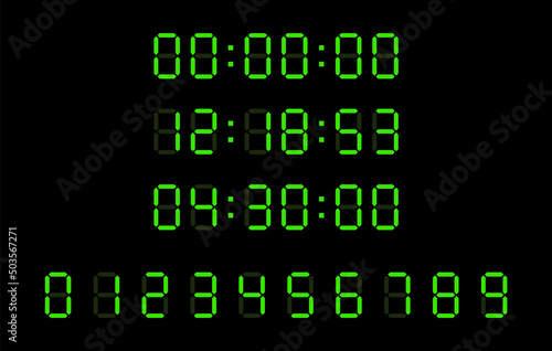 Clock numbers for time, digits led font set. Digital display for timer, watch, calculator and counter. Alarm electric neon background, screen. Vector. Figures for score and countdown