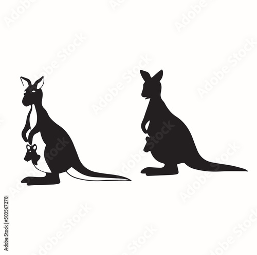 This image shows a kangaroo silhouette logo. Kangaroo isolated on a white background
