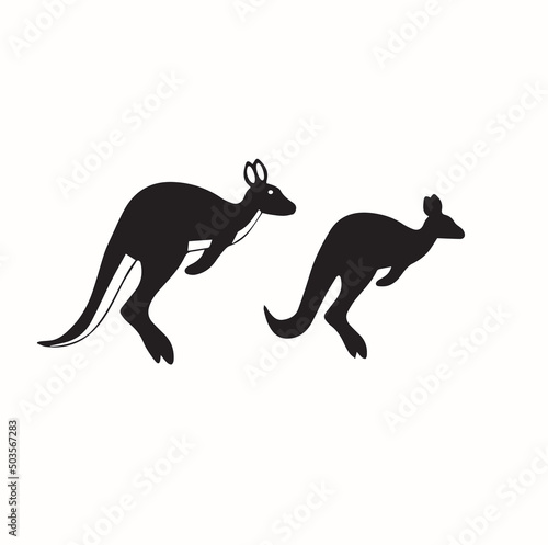 This image shows a kangaroo silhouette logo. Kangaroo isolated on a white background