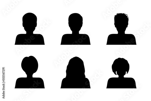 Persons of man and woman. Avatar, silhouette of human head, portrait. Icons of female, girl and male in black isolated. Vector. Symbols of anonymous profiles, faces of users for business