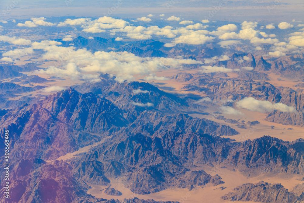 View of the Sinai mountains and desert in Egypt. View from a plane