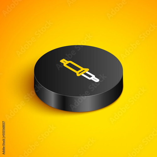 Isometric line Soldering iron icon isolated on yellow background. Black circle button. Vector