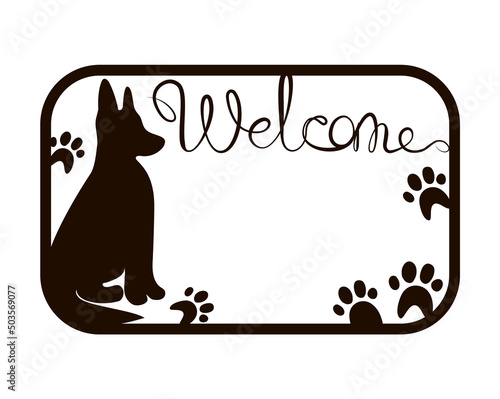 Welcome Dog sign is a template for a laser cutting machine for cardboard, wood and metal. Black stock vector illustration isolated on white background.