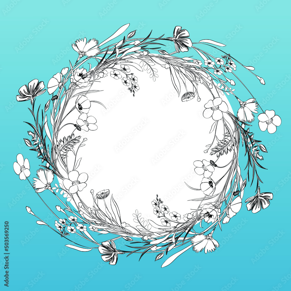 Black and white floral wreath of wild flowers but blue background. Floral frame, template.