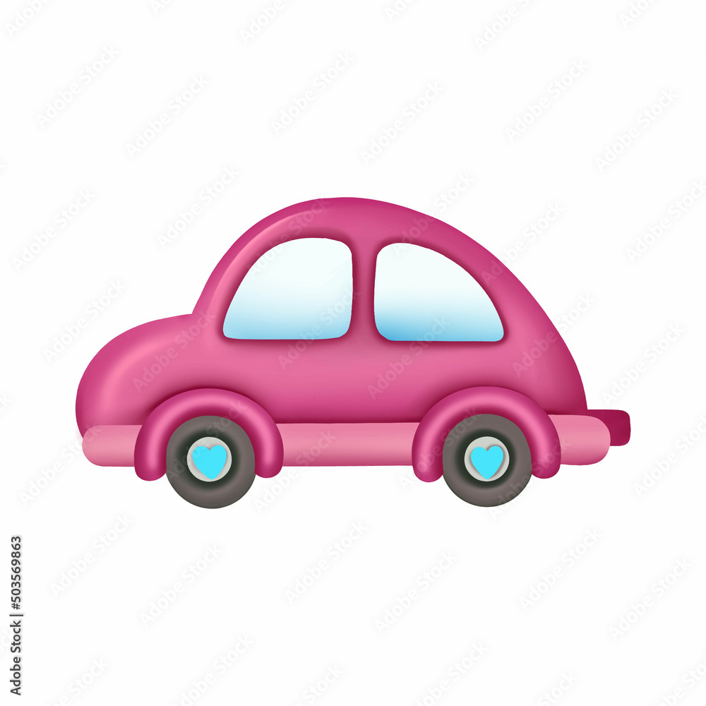 Cartoon bright Pink vehicle with small hearts on wheels isolated on white background. Vector illustration 