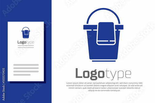 Blue Bucket with rag icon isolated on white background. Cleaning service concept. Logo design template element. Vector Illustration