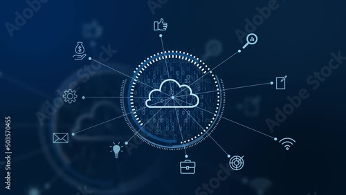 Cloud computing, Global Network - Futuristic blue cloud with pixel digital transformation abstract new technology background. Artificial intelligence and big data concept. Business industry 4.0 and 5g