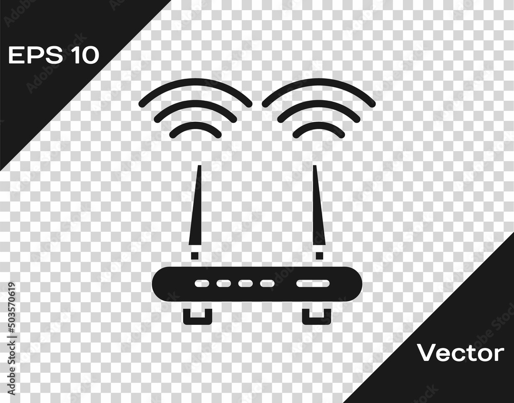 Black Router and wi-fi signal icon isolated on transparent background. Wireless ethernet modem router. Computer technology internet. Vector Black Router and wi-fi signal icon isolated on transparent background. Wireless ethernet modem router. Computer technology internet. Vector