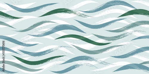 Seamless Wave Pattern, Hand drawn watercolor vector background. Wavy brush stroke, curly grunge paint lines