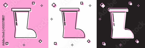 Set Waterproof rubber boot icon isolated on pink and white, black background. Gumboots for rainy weather, fishing, gardening. Vector