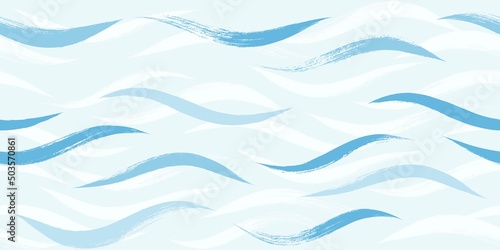 Seamless Wave Pattern, Hand drawn water sea modern vector background. Wavy beach brush stroke, curly grunge paint lines, watercolor illustration