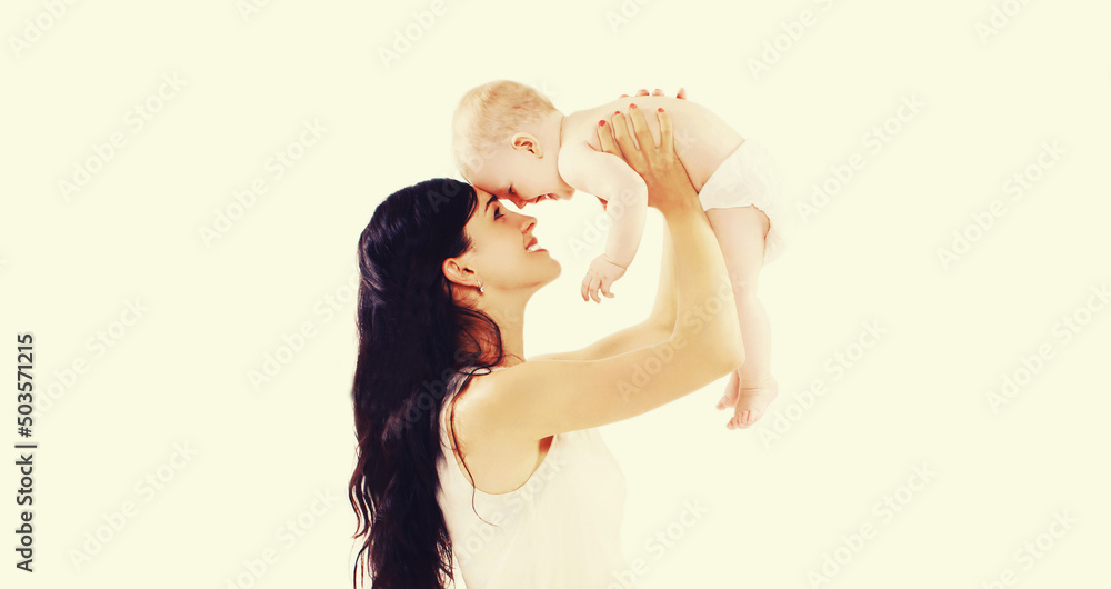 Portrait of happy smiling mother and baby playing together on white background Portrait of happy smiling mother and baby playing together on white background