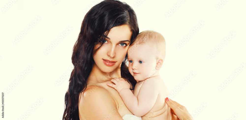Portrait of happy mother holding cute baby on white background, blank copy space for advertising text Portrait of happy mother holding cute baby on white background, blank copy space for advertising text