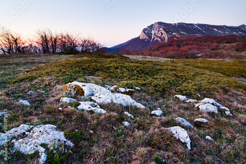 A wonderful and unusually beautiful landscape overlooking the high plateau of the Crimean mountains. Clean and reasonable nature of Crimea. Ukraine, territory occupied by the Russian Federation.