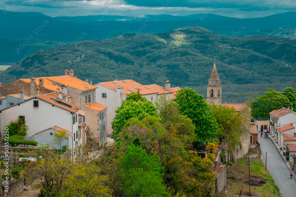 Obraz premium Panoramic view from the hill of Motovun city looking down towards the Mirna river on a cloudy sčring day. Red roofs and church in the foreground.