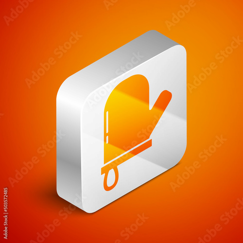 Isometric Oven glove icon isolated on orange background. Kitchen potholder sign. Cooking glove. Silver square button. Vector