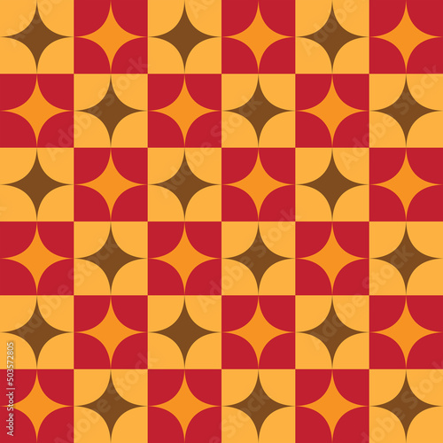 Mid century modern geometric stars seamless pattern on red and yellow squares. For home décor, wallpaper and textile 