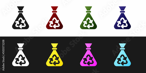 Set Garbage bag with recycle symbol icon isolated on black and white background. Trash can icon. Recycle basket sign. Vector