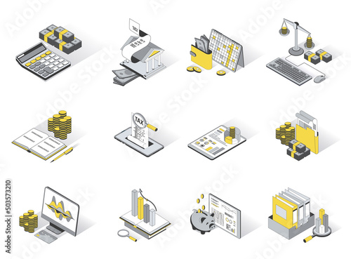 Accounting concept 3d isometric icons set. Pack elements of calculation of money balance, banking, tax payment, financial analysis, audit and other. Vector illustration in modern isometry design