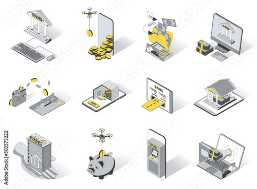 Banking concept 3d isometric icons set. Pack elements of bank application, tax payment, deposit, money transfer, financial analysis, audit and other. Vector illustration in modern isometry design