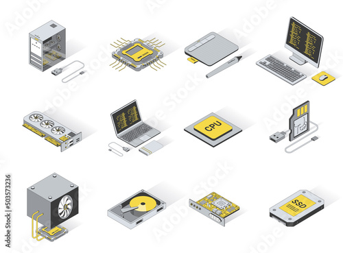 Computer elements concept 3d isometric icons set. Pack elements of laptop, processor, touchpad, keyboard, monitor, cpu, ssd, video card, gpu and other. Vector illustration in modern isometry design