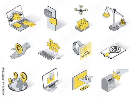 Contacts concept 3d isometric icons set. Pack elements of sending and receiving email, messaging app, online chatting, letters, notifications and other. Vector illustration in modern isometry design