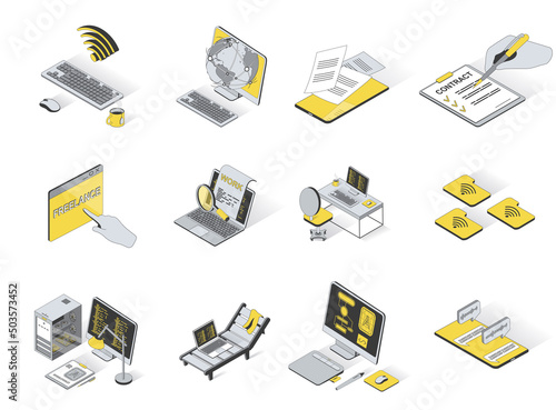 Freelance concept 3d isometric icons set. Pack elements of wifi, online, global internet, computer, document, contract, work, search, workplace and other. Vector illustration in modern isometry design