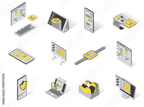 User interface concept 3d isometric icons set. Pack elements of ui layout for computer, tablet, smartphone, board, watch, content, software and other. Vector illustration in modern isometry design