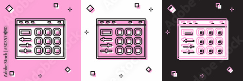 Set Drum machine icon isolated on pink and white, black background. Musical equipment. Vector