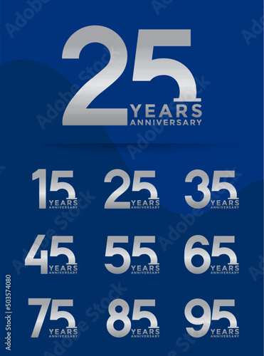 Set of Anniversary logotype and silver color with blue background for celebration