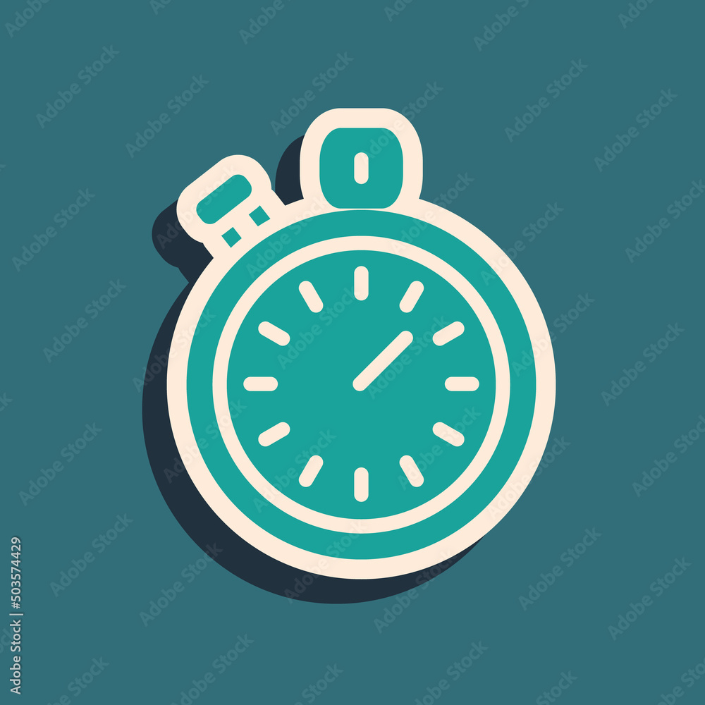 Green Stopwatch icon isolated on green background. Time timer sign. Chronometer sign. Long shadow style. Vector Green Stopwatch icon isolated on green background. Time timer sign. Chronometer sign. Long shadow style. Vector
