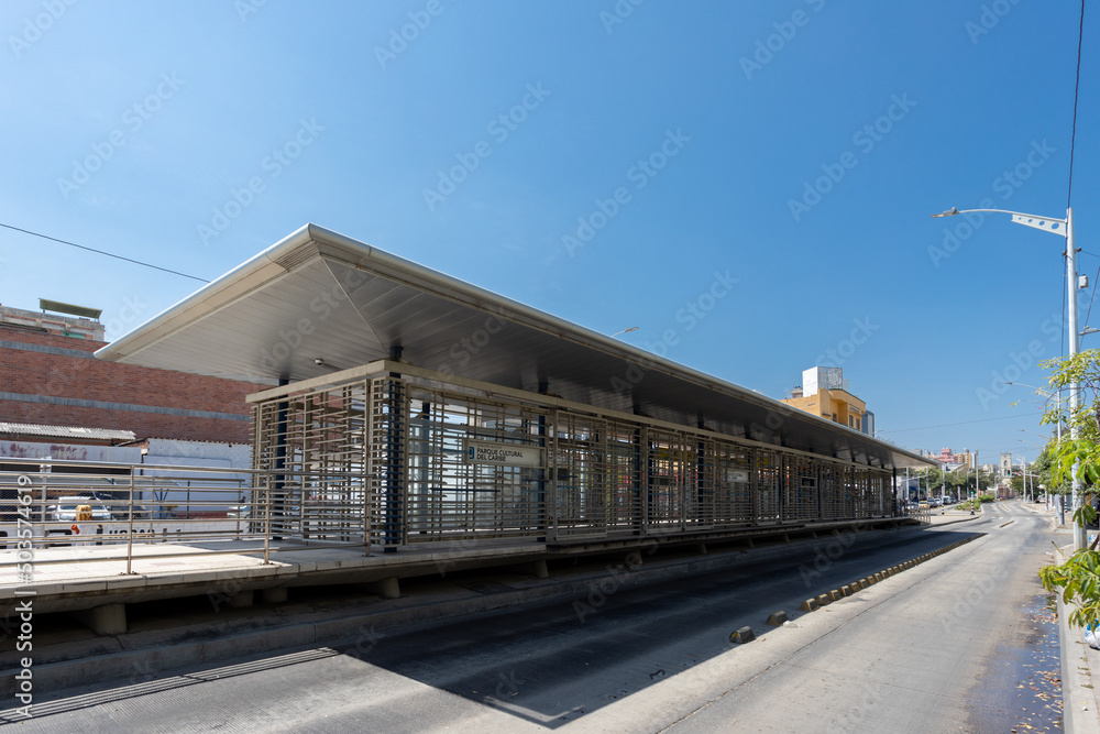 Barranquilla, Atlantico, Colombia. January 15, 2022: Transcaribe station and blue sky in the city.