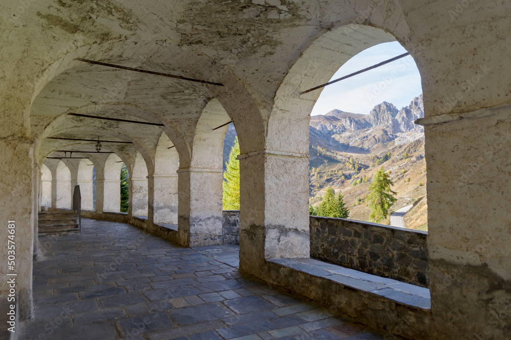 Ancient arcades passageway, St Magnus sanctuary, Castelmagno, Italy